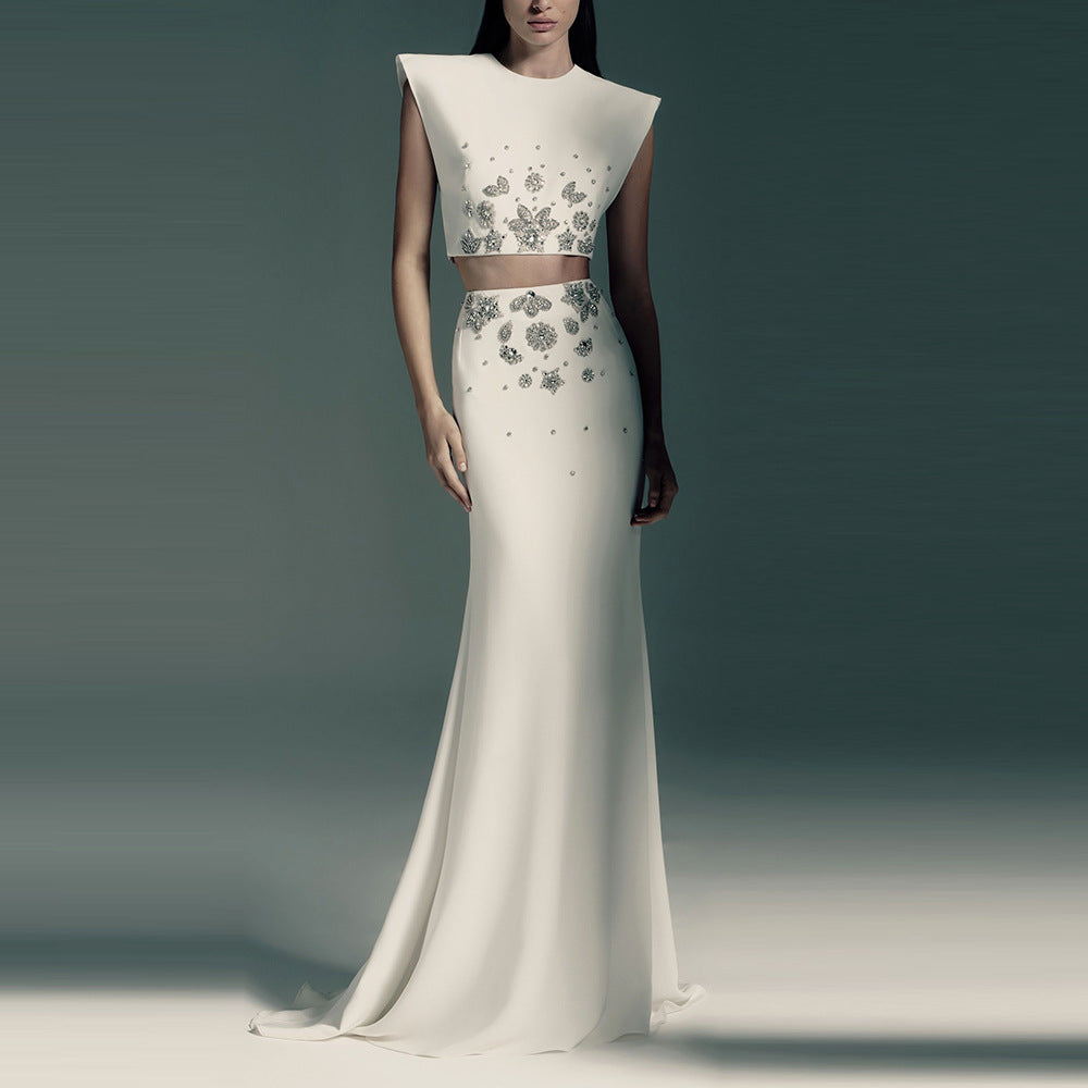 Women's Rhinestone Beaded Top And Skirt Two-Piece Set