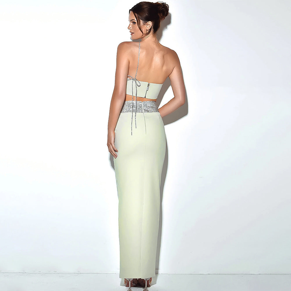 Women's Oblique Shoulder Drill Chain Vest and Skirt Two-Piece Set