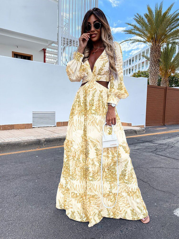 Women's V-Neck Floral Cutout Puff-Sleeve Dress