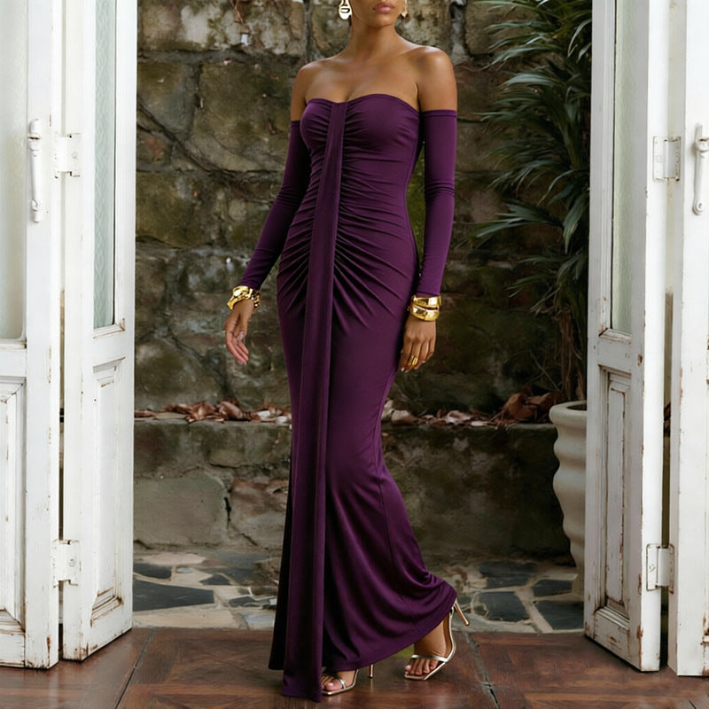 Women's Sweetheart Ruched Long Sleeve Maxi Dress