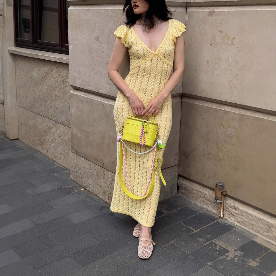 V-Neck Ruffle Butterfly-Sleeve Bodycon Maxi Dress