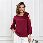 Diagonal Collar Three Dimensional Floral Top Women Shoulder