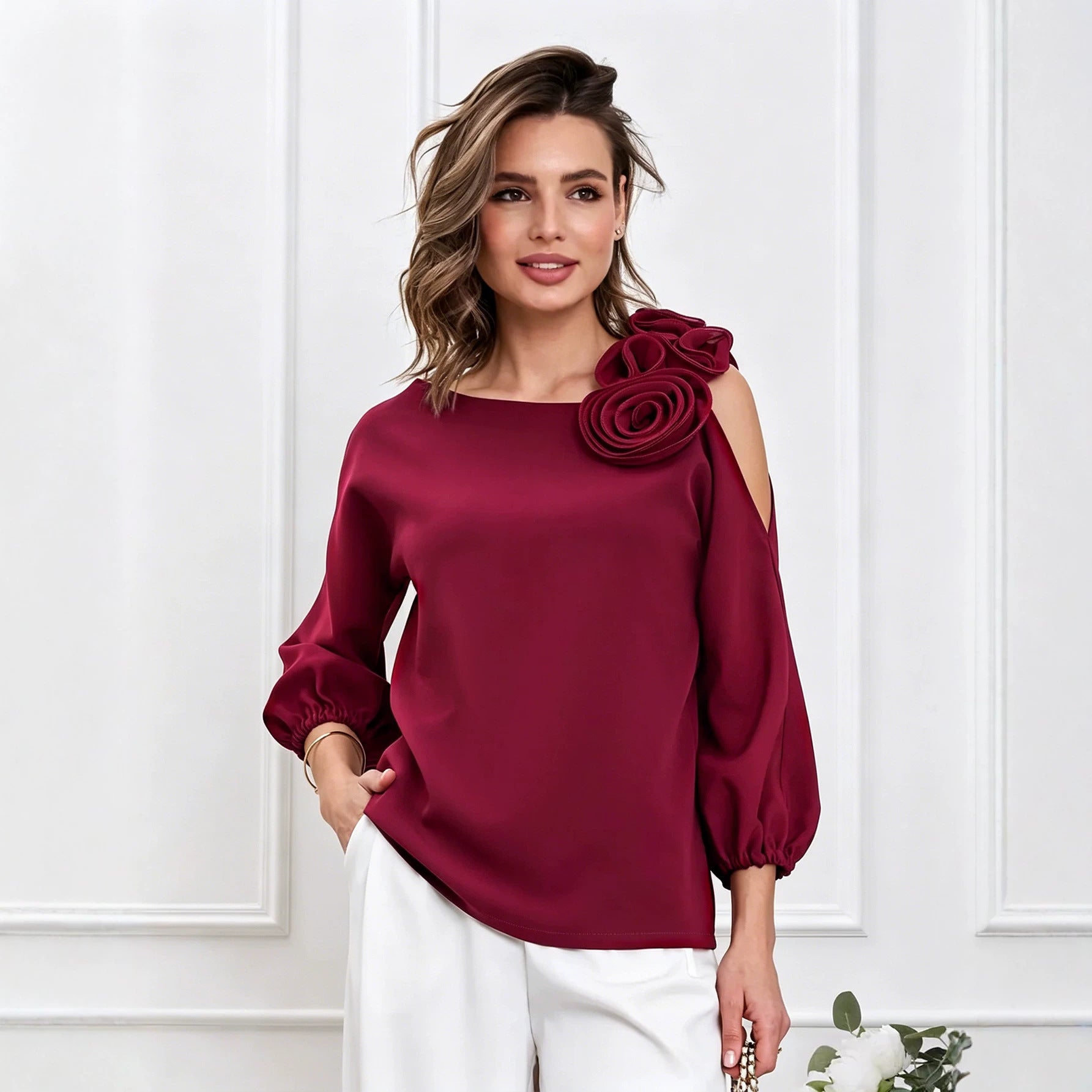 Diagonal Collar Three Dimensional Floral Top Women Shoulder