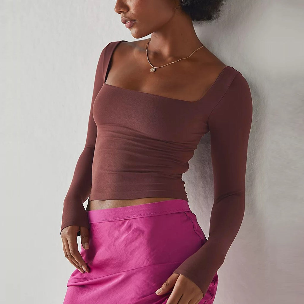 Women's Long Sleeve Solid Color Cropped Square Neck T-Shirt