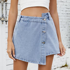 Summer Washed Button Decoration Irregular Asymmetric Skirt