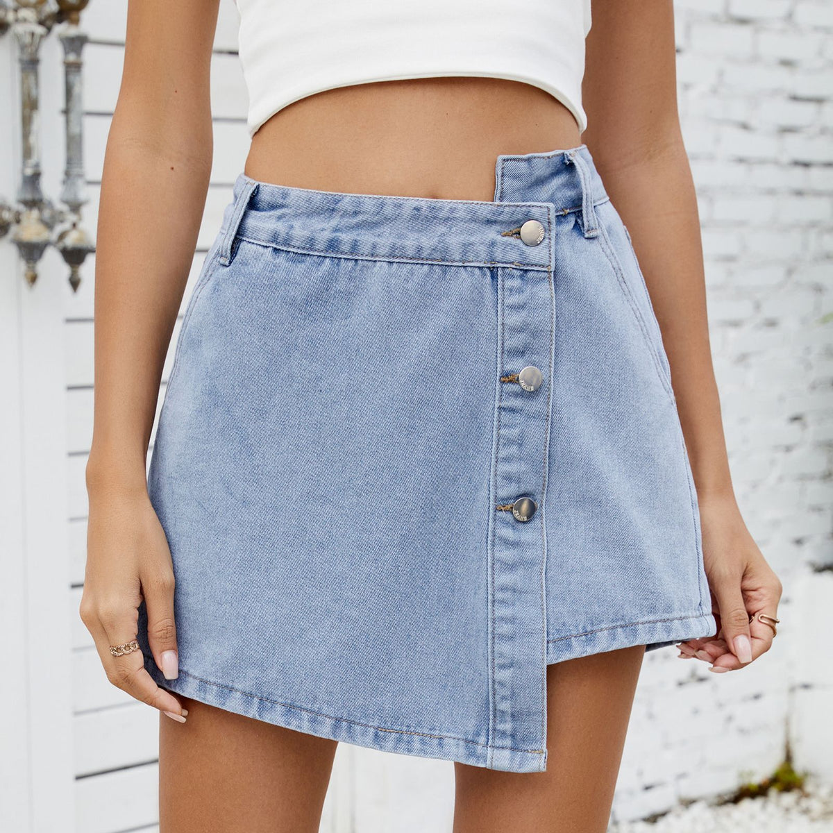 Summer Washed Button Decoration Irregular Asymmetric Skirt