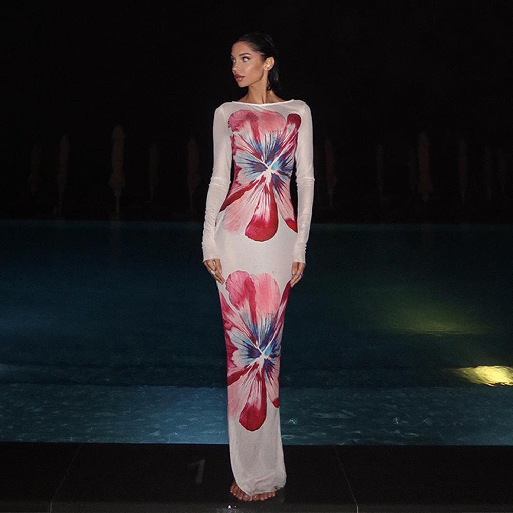 Floral Sheer Long-Sleeve Bodycon Maxi Dress