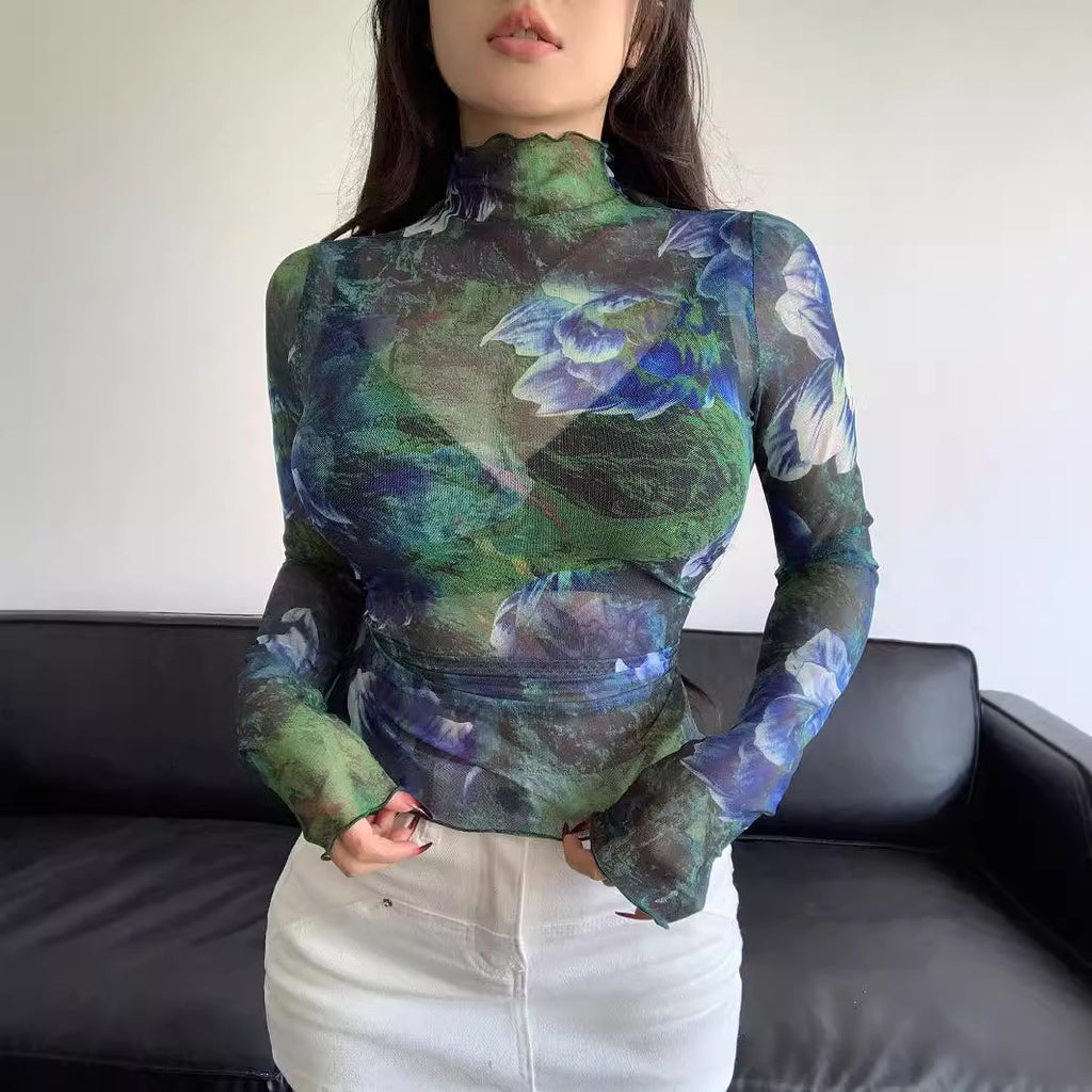 Floral Print Gauze Stand Collar Top