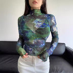 Floral Print Gauze Stand Collar Top