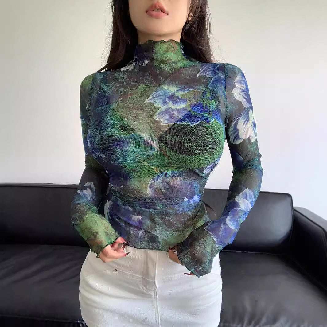 Floral Print Gauze Stand Collar Top