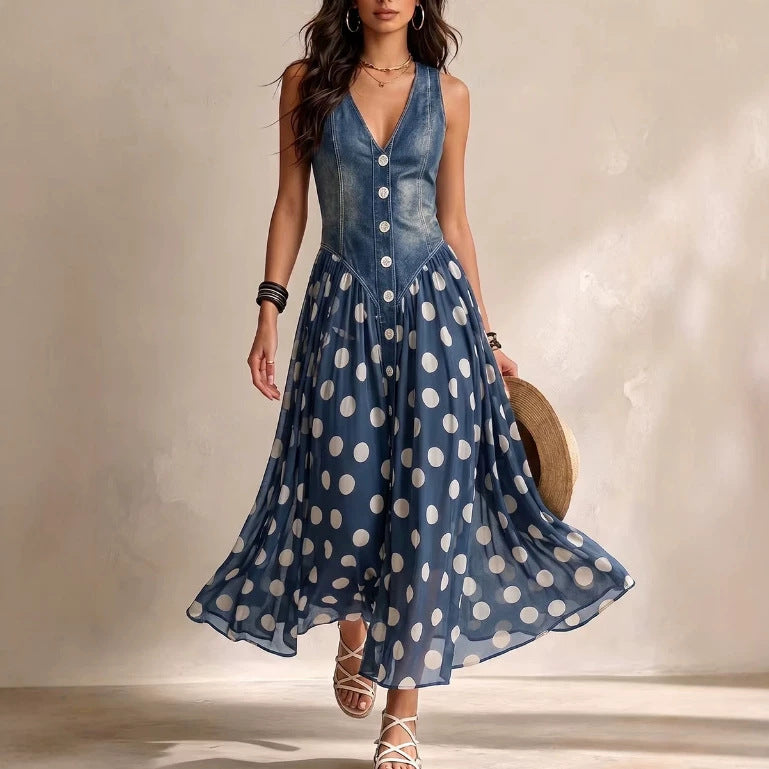 Women Casual Printing Imitation Denim Jacket Polka Dot Skirt