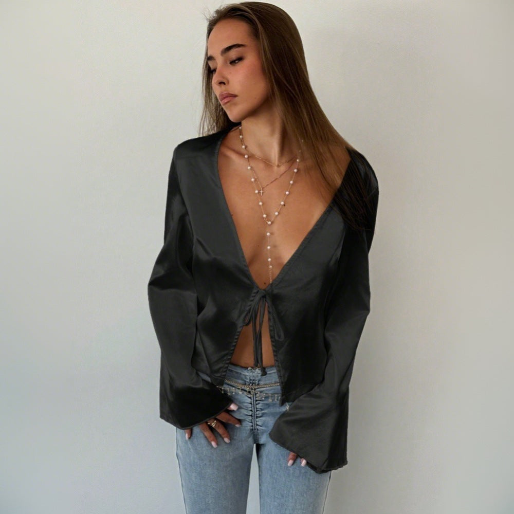 Women's Cardigan T shirt Lace up Loose Satin Top