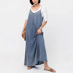 Minimalist Thin Loose Long Solid Color Wash Sling Casual Denim Dress