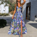 Women's Summer Women Sexy Deep V Plunge Sling Dress Printed Sleeveless Split Maxi Dress