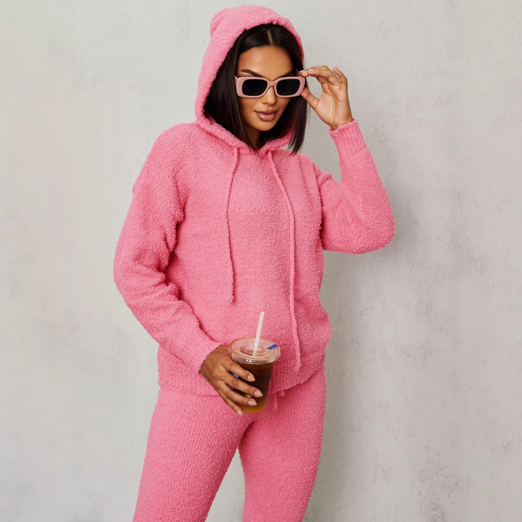 Autumn Winter Sweater Casual Hooded Plush Slim Fit Two Piece Sets