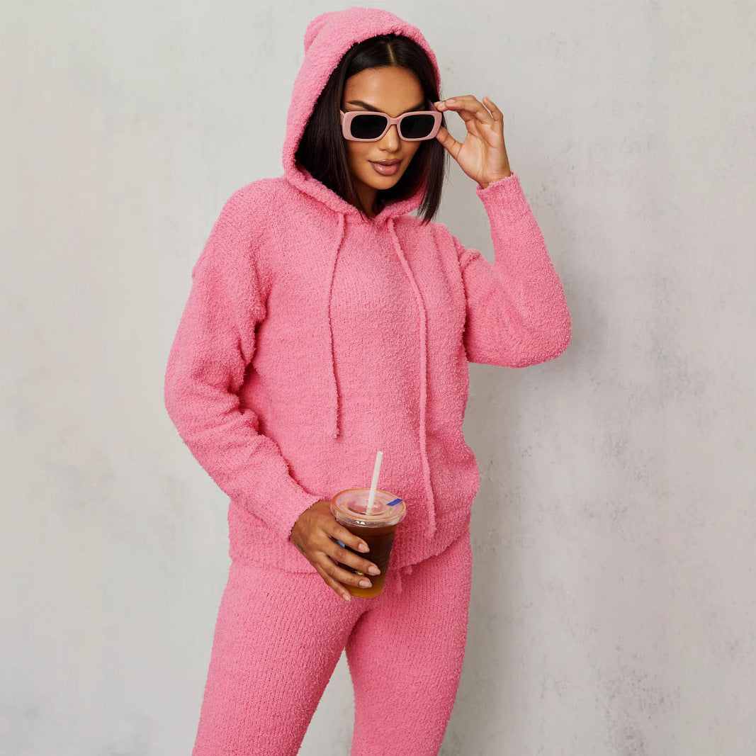 Autumn Winter Sweater Casual Hooded Plush Slim Fit Two Piece Sets