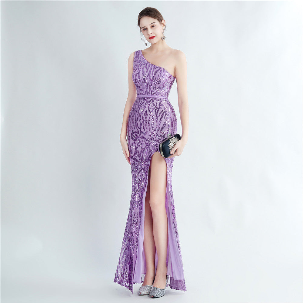 Women's Floral Sequin One-Shoulder Diagonal Collar Side Slit Long Evening Dress