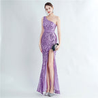 Women's Floral Sequin One-Shoulder Diagonal Collar Side Slit Long Evening Dress
