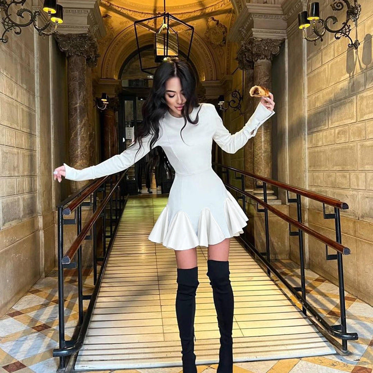 Women's Leather-Detail Long-Sleeve A-Line Dress