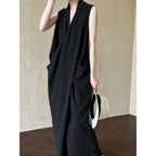 Elegant V-Neck Sleeveless Twisted Waist Dress Irregular Asymmetric Hong Kong Long