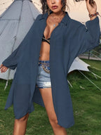 Cotton long one-piece swimwear, navy button-front tunic dress with long sleeves