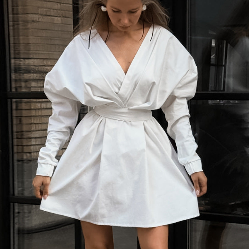 White V-Neck Puff-Sleeve Lace-Up Dress