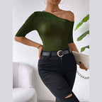 Women’s Green Asymmetric Off Shoulder Knit Top