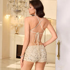 Women's Beach Backless Sequin Sling Shorts Set
