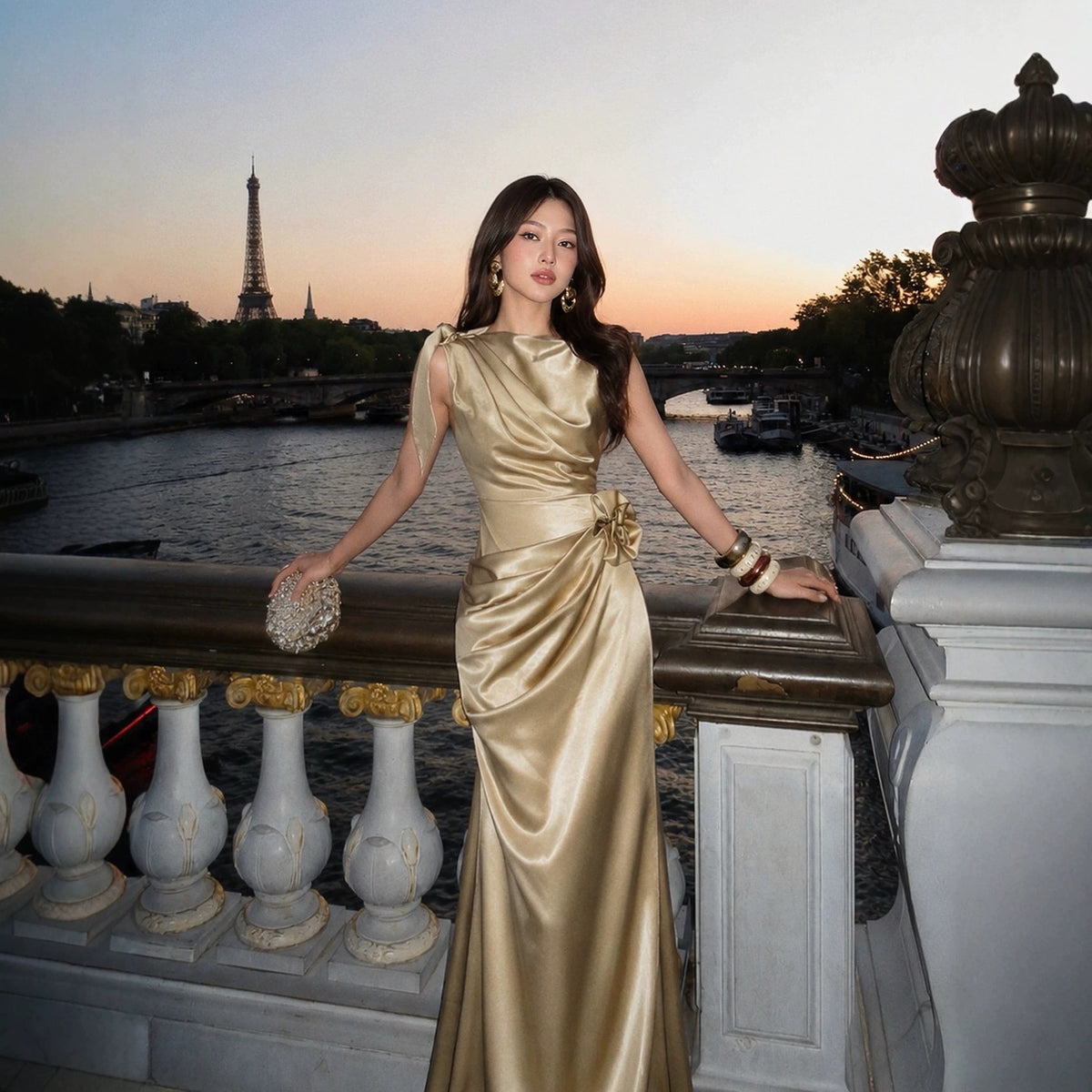 Women's Satin One-Shoulder Pleated Maxi Dress