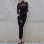 Elegant Half Turtleneck Mesh Slim Fit Patchwork Sexy Padded Shoulder