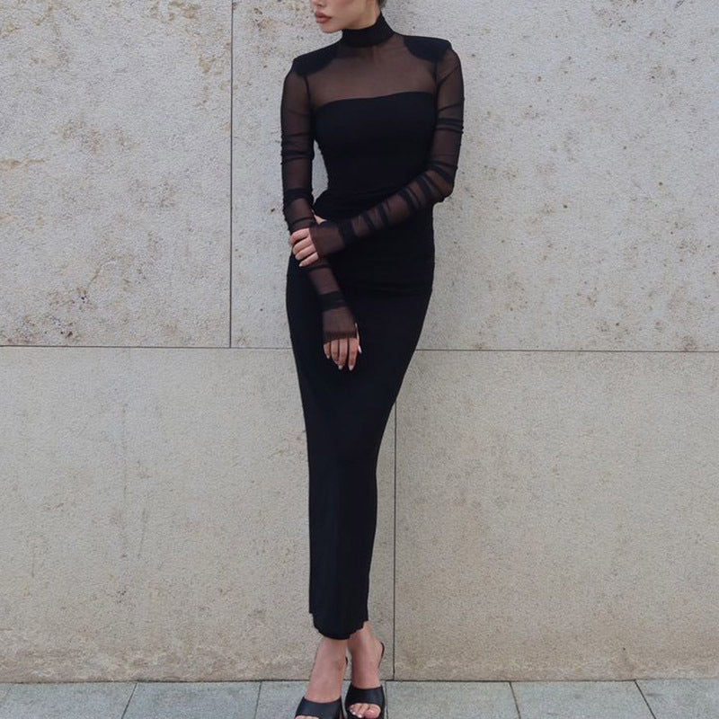 Elegant Half Turtleneck Mesh Slim Fit Patchwork Sexy Padded Shoulder