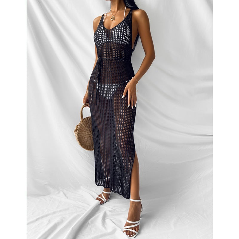 Navy knitted maxi dress with scoop neck, sleeveless design, and openwork pattern