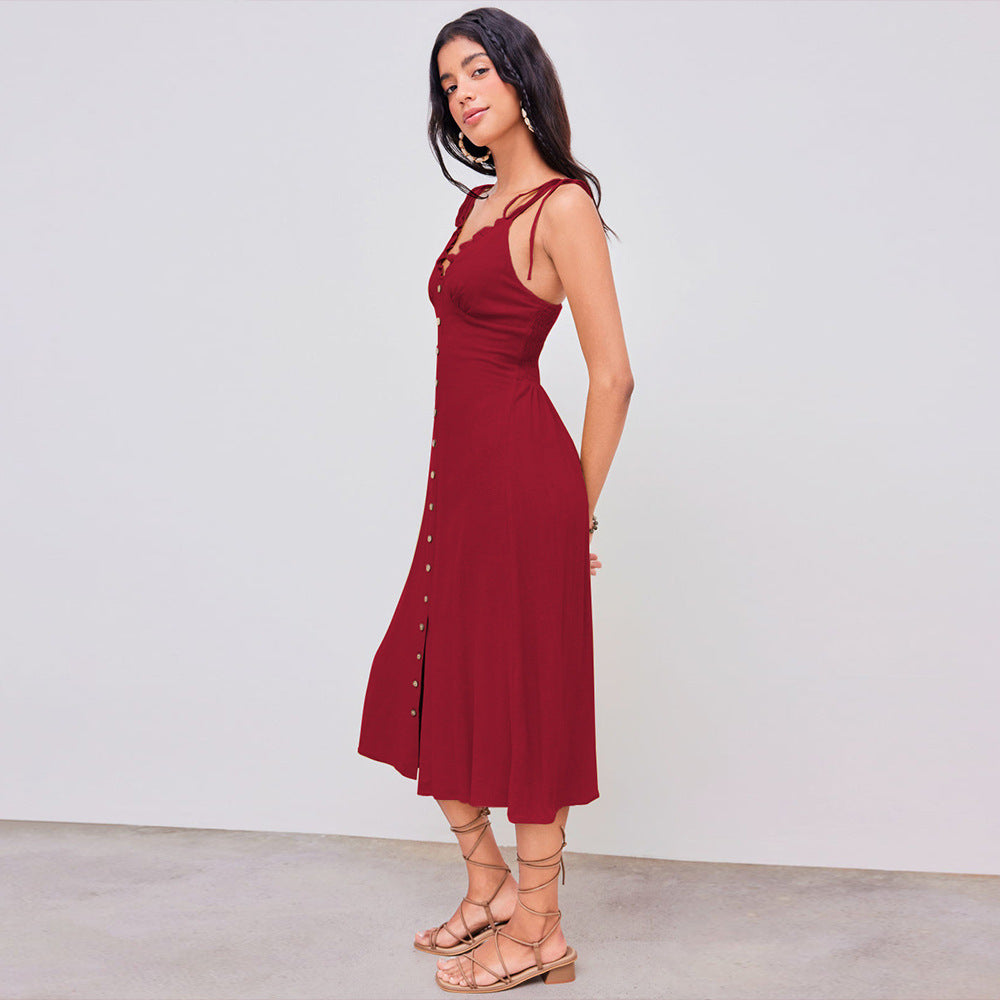 Women's Cotton V-Neck Ruffled Slit Midi Dress