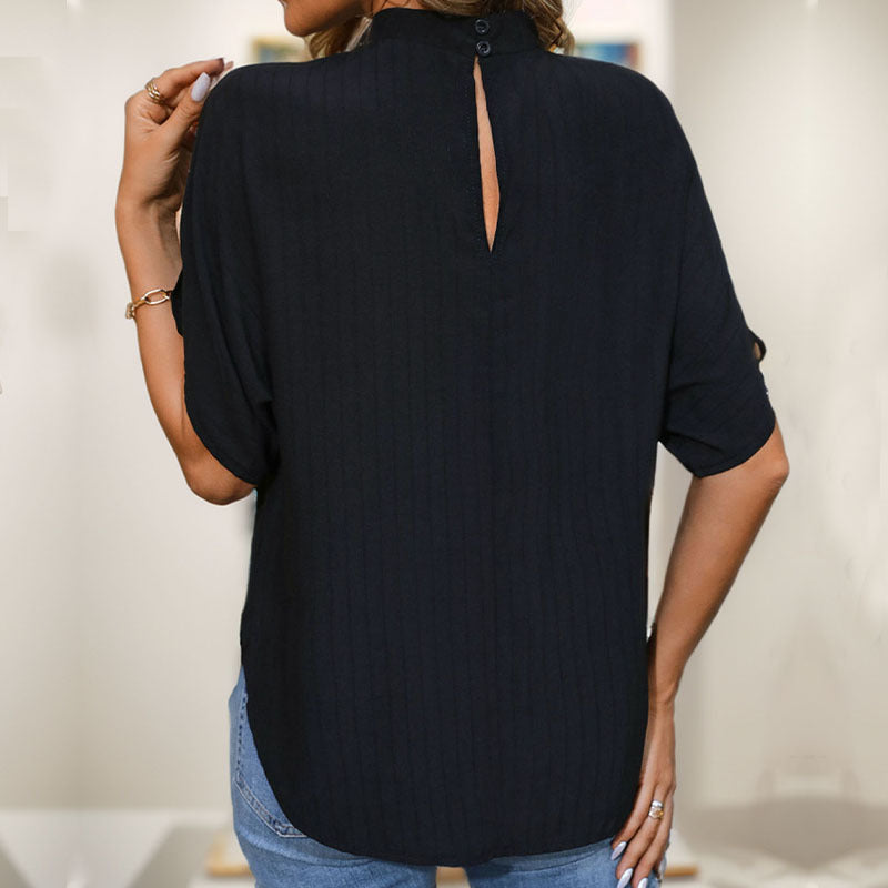 Women's Summer Women Clothing Stand Collar Batwing Sleeve Black Top For Women