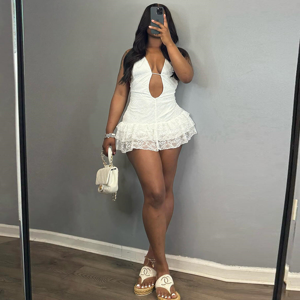 Women's Lace Halter Backless Tiered Mini Dress