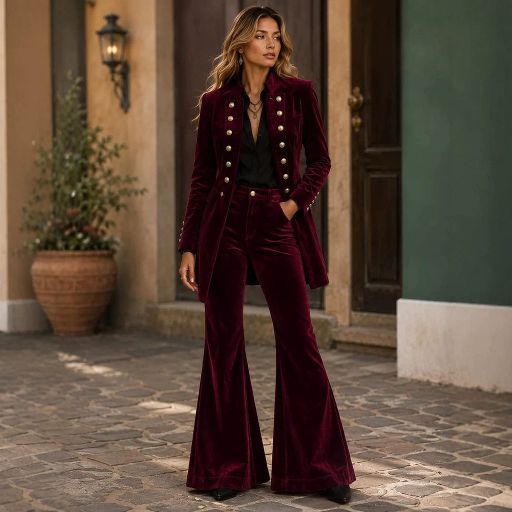 Arrival Velvet Business Women Double Breasted Long Sleeve Blazer Bell Bottom Pants Two Piece Sets