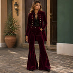 Arrival Velvet Business Women Double Breasted Long Sleeve Blazer Bell Bottom Pants Two Piece Sets