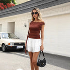 Women's Sexy Double Layer Mesh Pleats Slim Vacation Casual T Shirt