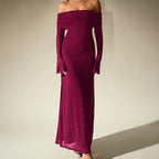 Women's Silver Mesh Off-Shoulder Long Sleeve Maxi Dress