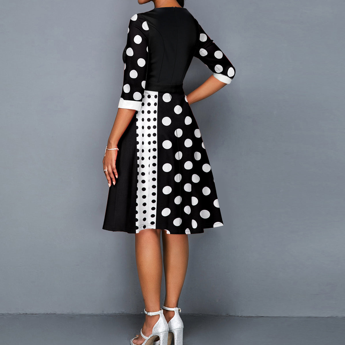 Casual Elegant High Waist Round Neck Half Sleeve Swing Mid Length