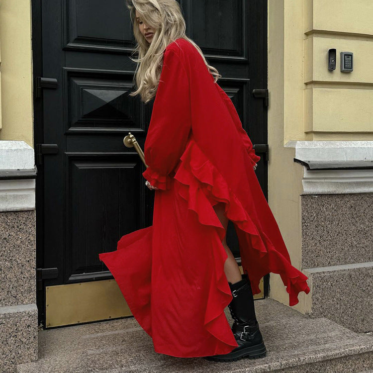 Ruffled Long Sleeve Dress Red V neck