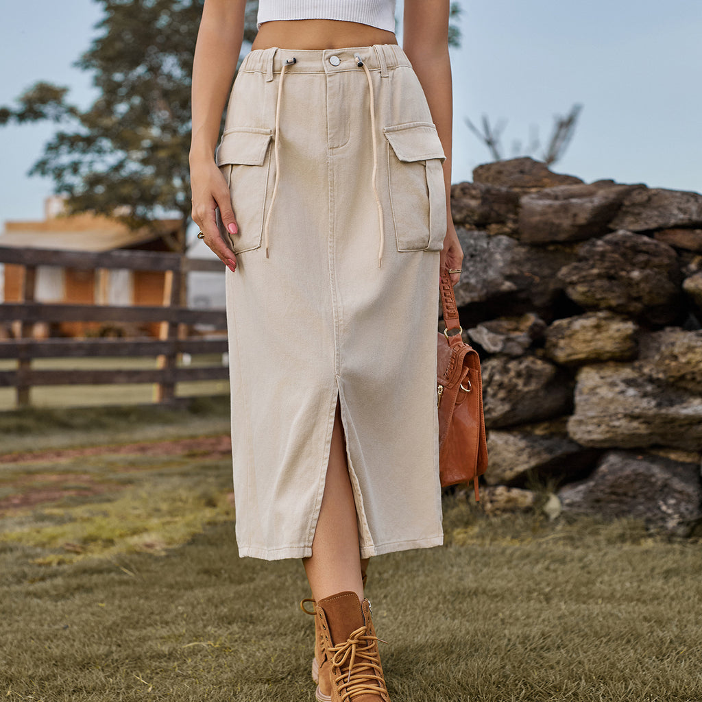 Summer Washed Lace Up Workwear Denim Split Skirt