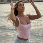 Women's Women’s Pink Plaid Square Neck Cropped Tank Top