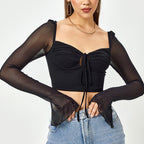 Women's Bandage Vest Backless Flared Long Sleeve Short Knitted Top