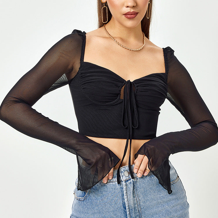 Women's Bandage Vest Backless Flared Long Sleeve Short Knitted Top