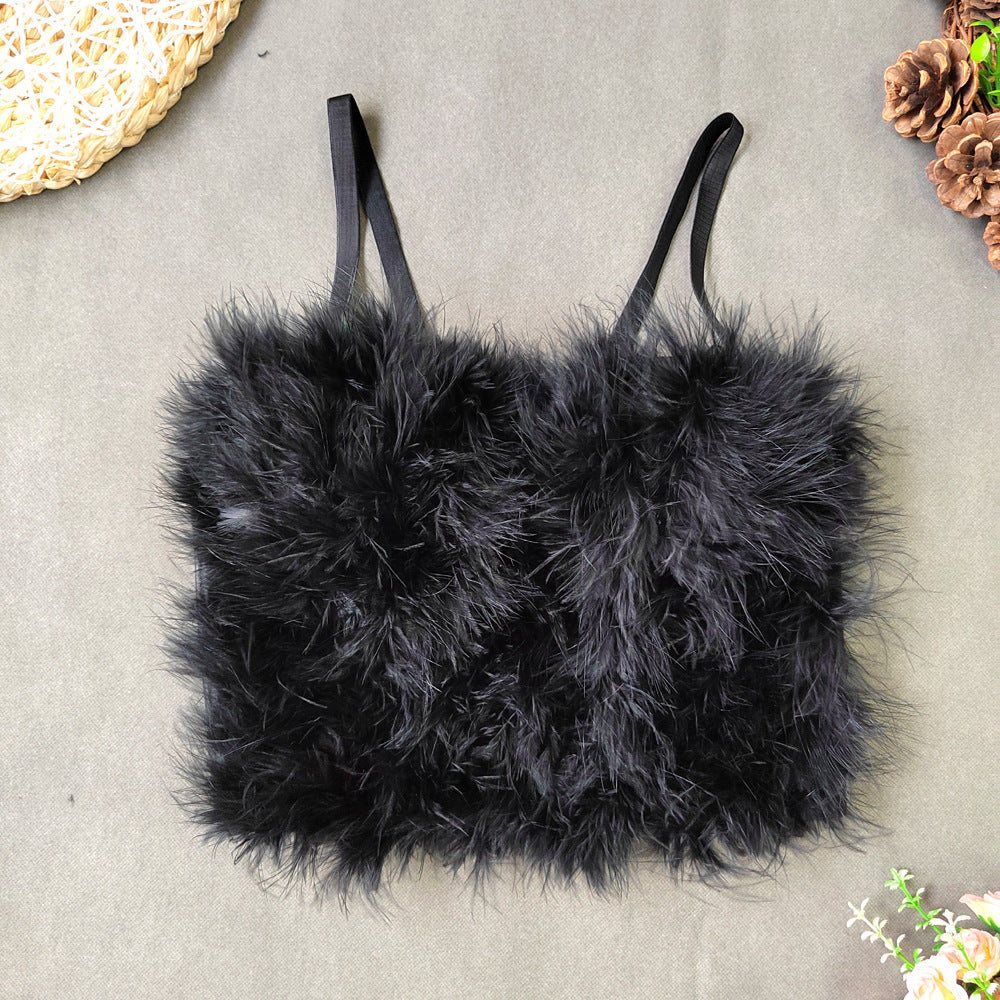 's Ostrich Feather Stitching Leather Spaghetti Straps Outerwear