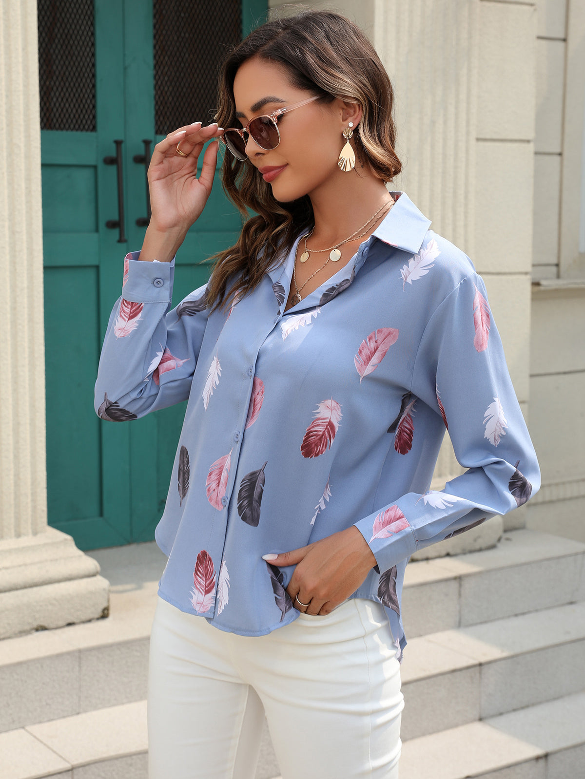 Women’s White Feather Print Collared Long Shirt
