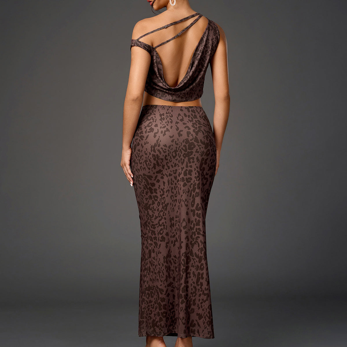Women's Backless Leopard Oblique Shoulder Coordinated Two-Piece Set