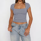 Women's Women Clothing Summer Sexy Striped Square Collar Tight T Shirt