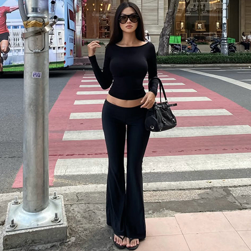 Back-Cutout Long-Sleeve Top and Pants Two-Piece Set